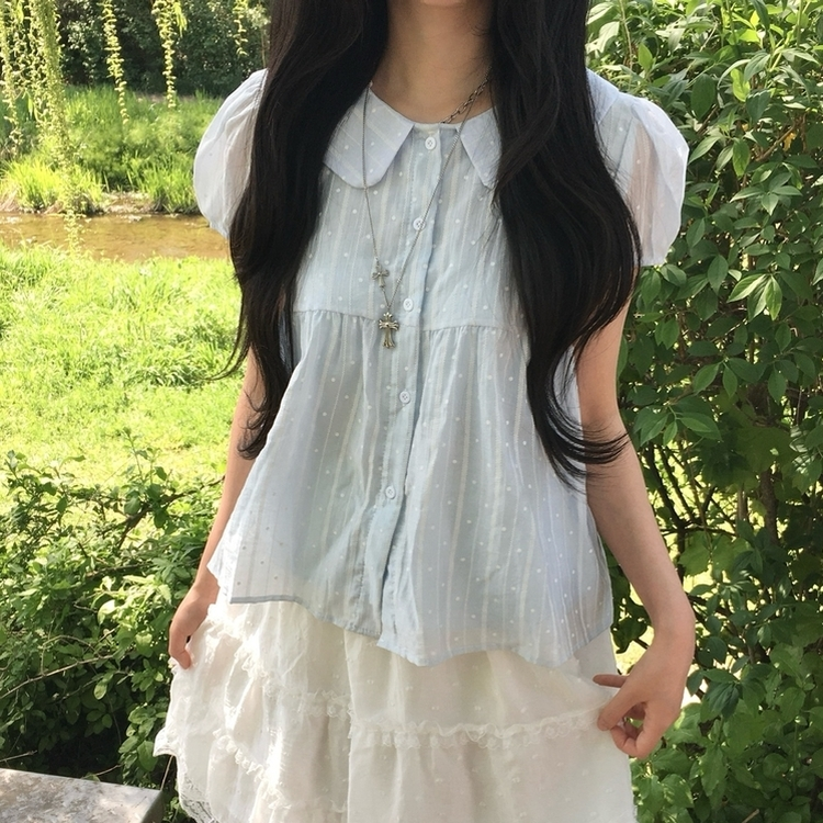 퓨어 모리걸 쉬폰 둥근카라 도트 반팔 블라우스 소라