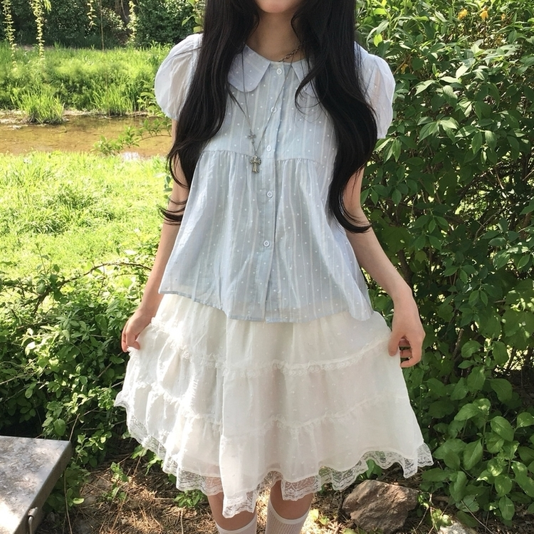 퓨어 모리걸 쉬폰 둥근카라 도트 반팔 블라우스 소라