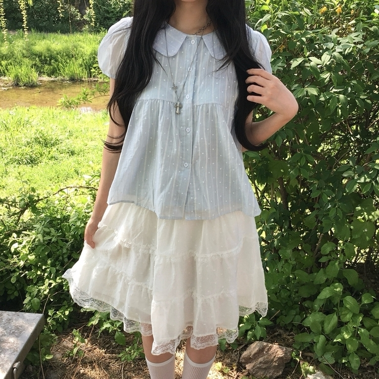 퓨어 모리걸 쉬폰 둥근카라 도트 반팔 블라우스 소라