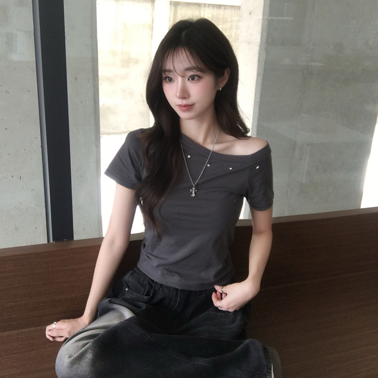 머드 y2k 빈티지 오프숄더 여름 스터드 반팔 티셔츠 언발 원숄더 슬림핏 반팔티 여리핏 반소매 데일리 상의 5color 먹색