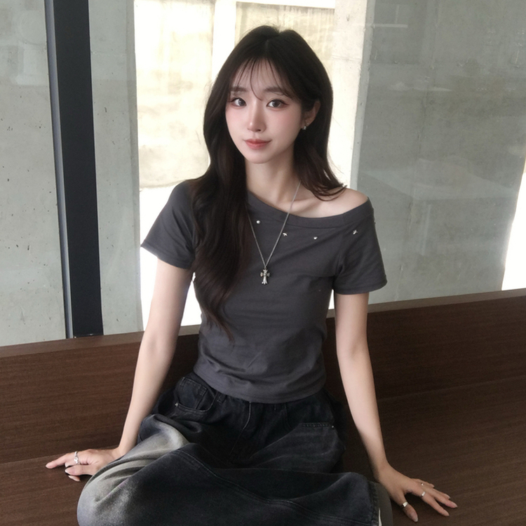 머드 y2k 빈티지 오프숄더 여름 스터드 반팔 티셔츠 언발 원숄더 슬림핏 반팔티 여리핏 반소매 데일리 상의 5color 먹색