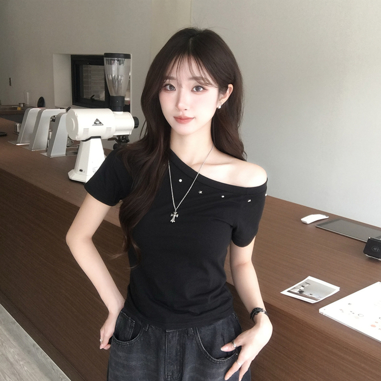 머드 y2k 빈티지 오프숄더 여름 스터드 반팔 티셔츠 언발 원숄더 슬림핏 반팔티 여리핏 반소매 데일리 상의 5color 블랙