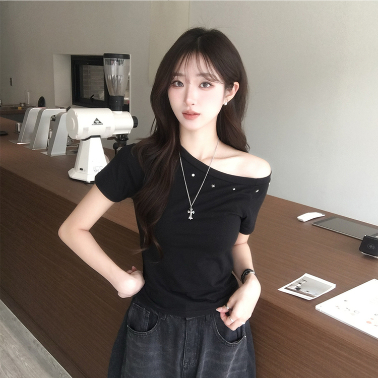머드 y2k 빈티지 오프숄더 여름 스터드 반팔 티셔츠 언발 원숄더 슬림핏 반팔티 여리핏 반소매 데일리 상의 5color 블랙