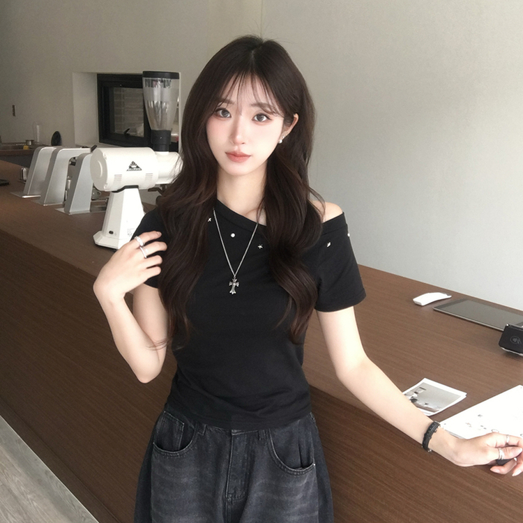 머드 y2k 빈티지 오프숄더 여름 스터드 반팔 티셔츠 언발 원숄더 슬림핏 반팔티 여리핏 반소매 데일리 상의 5color 블랙