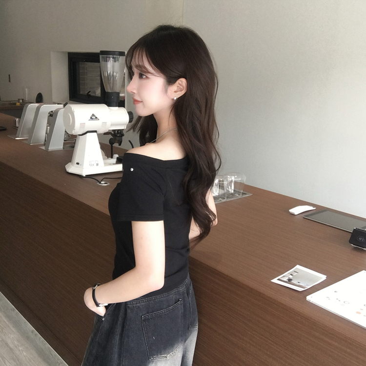 머드 y2k 빈티지 오프숄더 여름 스터드 반팔 티셔츠 언발 원숄더 슬림핏 반팔티 여리핏 반소매 데일리 상의 5color 블랙
