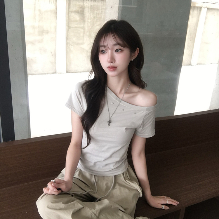 머드 y2k 빈티지 오프숄더 여름 스터드 반팔 티셔츠 언발 원숄더 슬림핏 반팔티 여리핏 반소매 데일리 상의 5color 베이지