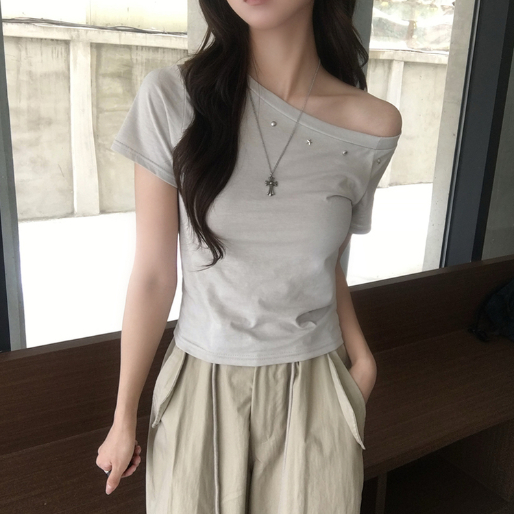 머드 y2k 빈티지 오프숄더 여름 스터드 반팔 티셔츠 언발 원숄더 슬림핏 반팔티 여리핏 반소매 데일리 상의 5color 베이지