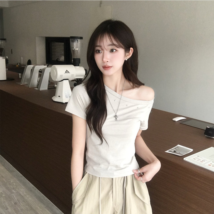 머드 y2k 빈티지 오프숄더 여름 스터드 반팔 티셔츠 언발 원숄더 슬림핏 반팔티 여리핏 반소매 데일리 상의 5color 베이지