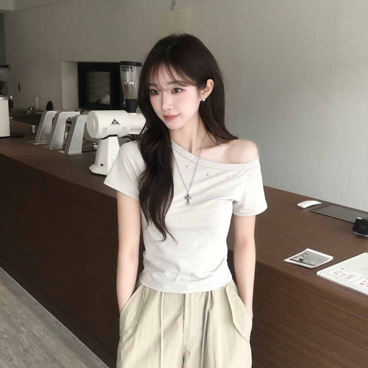머드 y2k 빈티지 오프숄더 여름 스터드 반팔 티셔츠 언발 원숄더 슬림핏 반팔티 여리핏 반소매 데일리 상의 5color 베이지