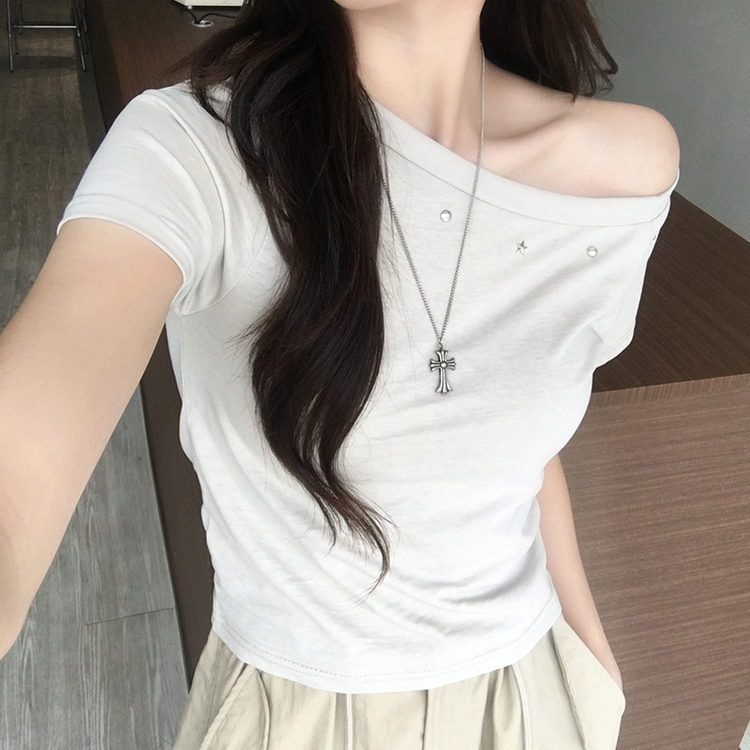 머드 y2k 빈티지 오프숄더 여름 스터드 반팔 티셔츠 언발 원숄더 슬림핏 반팔티 여리핏 반소매 데일리 상의 5color 베이지