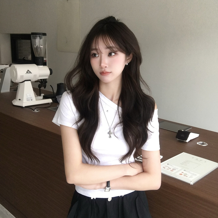 머드 y2k 빈티지 오프숄더 여름 스터드 반팔 티셔츠 언발 원숄더 슬림핏 반팔티 여리핏 반소매 데일리 상의 5color 화이트