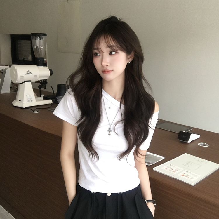 머드 y2k 빈티지 오프숄더 여름 스터드 반팔 티셔츠 언발 원숄더 슬림핏 반팔티 여리핏 반소매 데일리 상의 5color 화이트