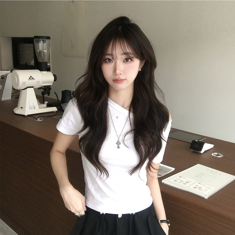 머드 y2k 빈티지 오프숄더 여름 스터드 반팔 티셔츠 언발 원숄더 슬림핏 반팔티 여리핏 반소매 데일리 상의 5color 화이트