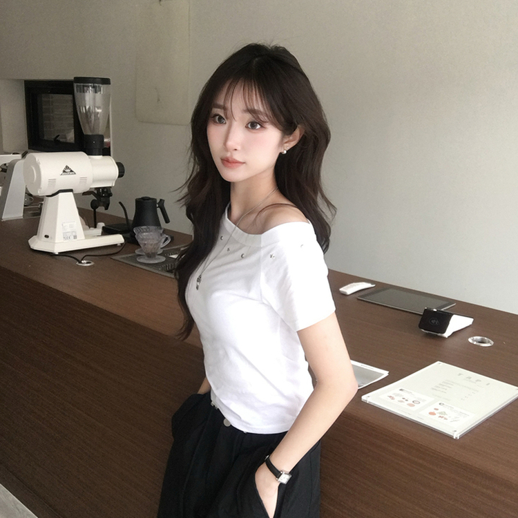 머드 y2k 빈티지 오프숄더 여름 스터드 반팔 티셔츠 언발 원숄더 슬림핏 반팔티 여리핏 반소매 데일리 상의 5color 화이트