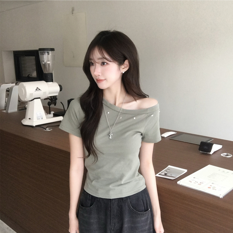 머드 y2k 빈티지 오프숄더 여름 스터드 반팔 티셔츠 언발 원숄더 슬림핏 반팔티 여리핏 반소매 데일리 상의 5color 카키