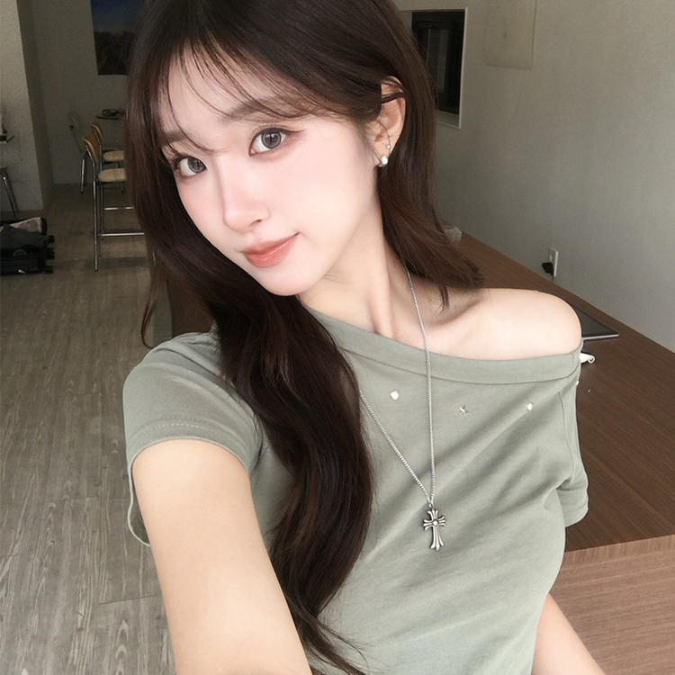 머드 y2k 빈티지 오프숄더 여름 스터드 반팔 티셔츠 언발 원숄더 슬림핏 반팔티 여리핏 반소매 데일리 상의 5color 카키