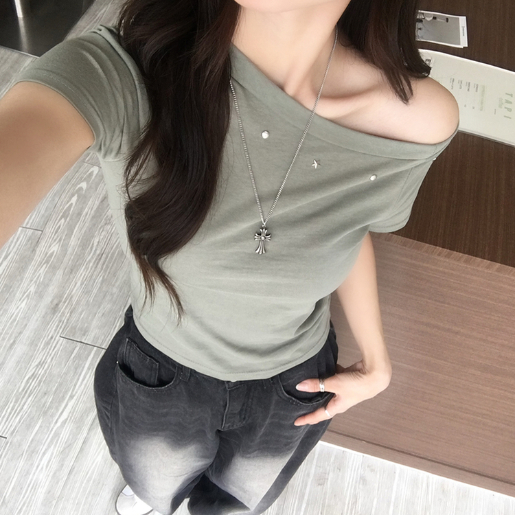 머드 y2k 빈티지 오프숄더 여름 스터드 반팔 티셔츠 언발 원숄더 슬림핏 반팔티 여리핏 반소매 데일리 상의 5color 카키