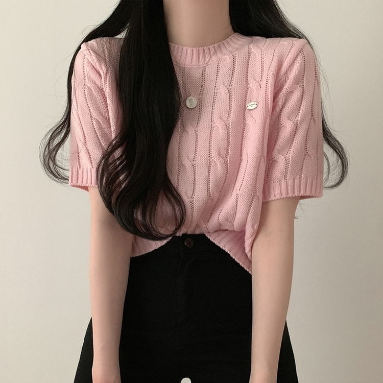 定番人気♡バーバリー　韓国　半袖ニット ロゴ刺繍ブピンク　インスタグラマー着用 ペンダントケーブル半袖ニット(6color)｜ニット｜韓国ファッション通販