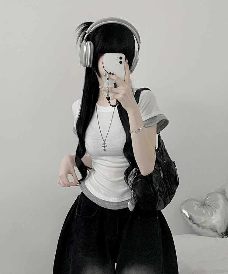 더블배색레이어드라운드세미크롭반팔티 흰색