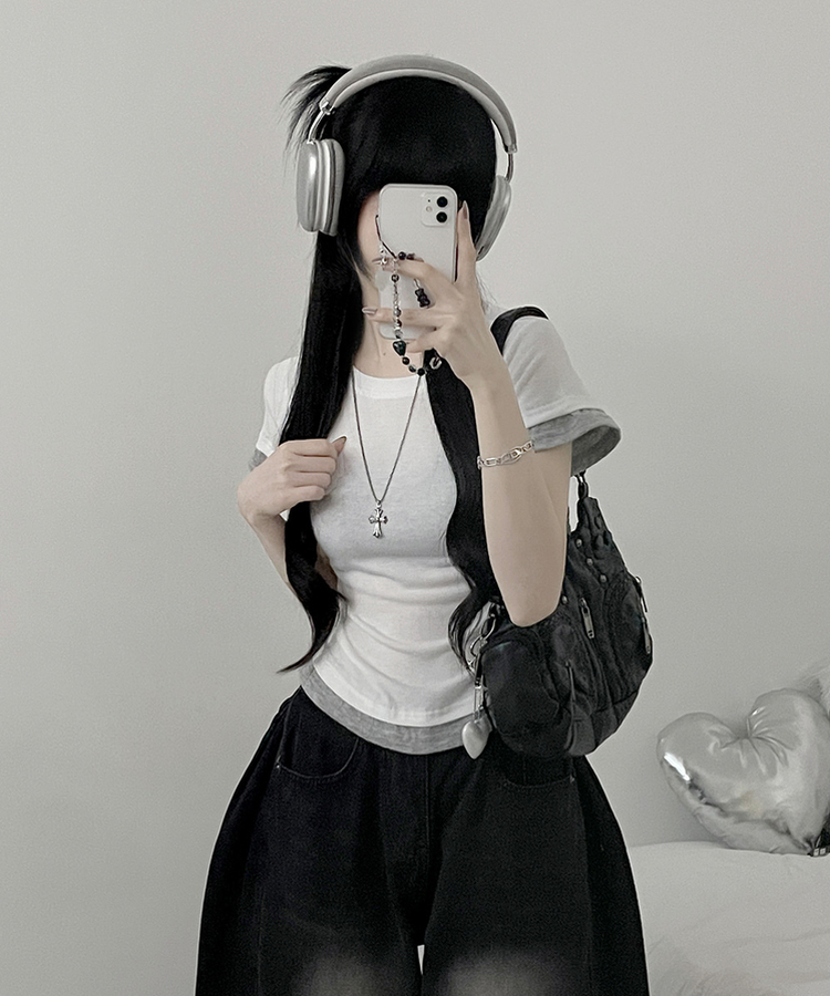 더블배색레이어드라운드세미크롭반팔티 흰색