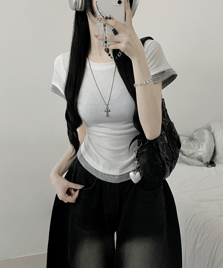 더블배색레이어드라운드세미크롭반팔티 흰색