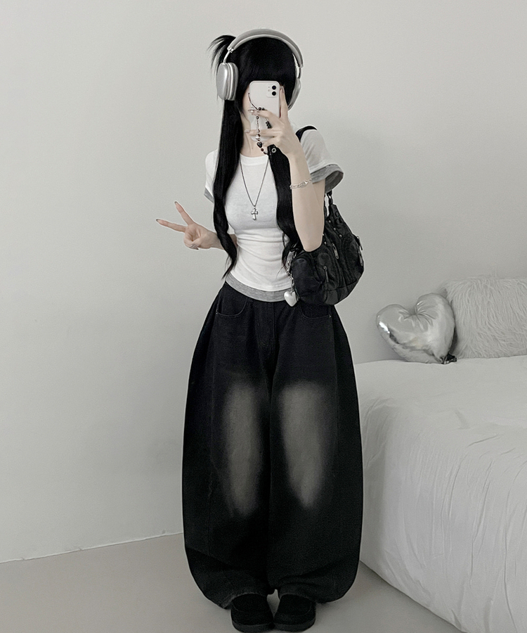 더블배색레이어드라운드세미크롭반팔티 흰색