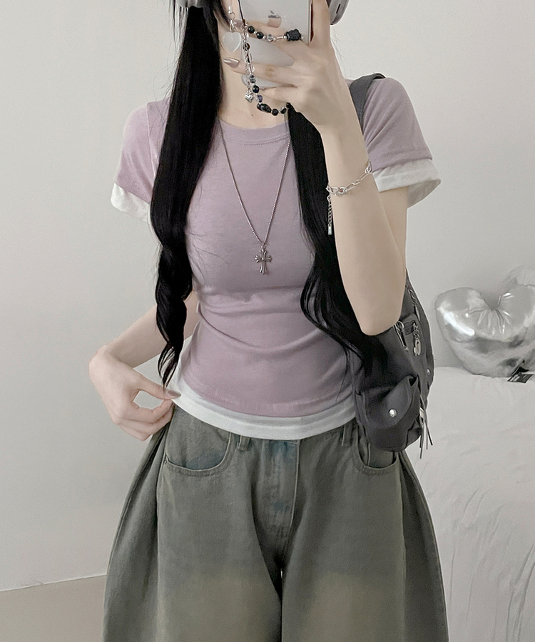 더블배색레이어드라운드세미크롭반팔티 핑크