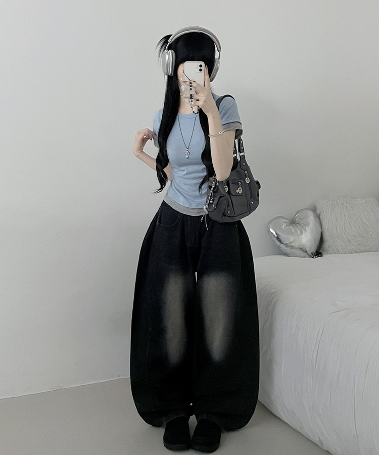 더블배색레이어드라운드세미크롭반팔티 소라