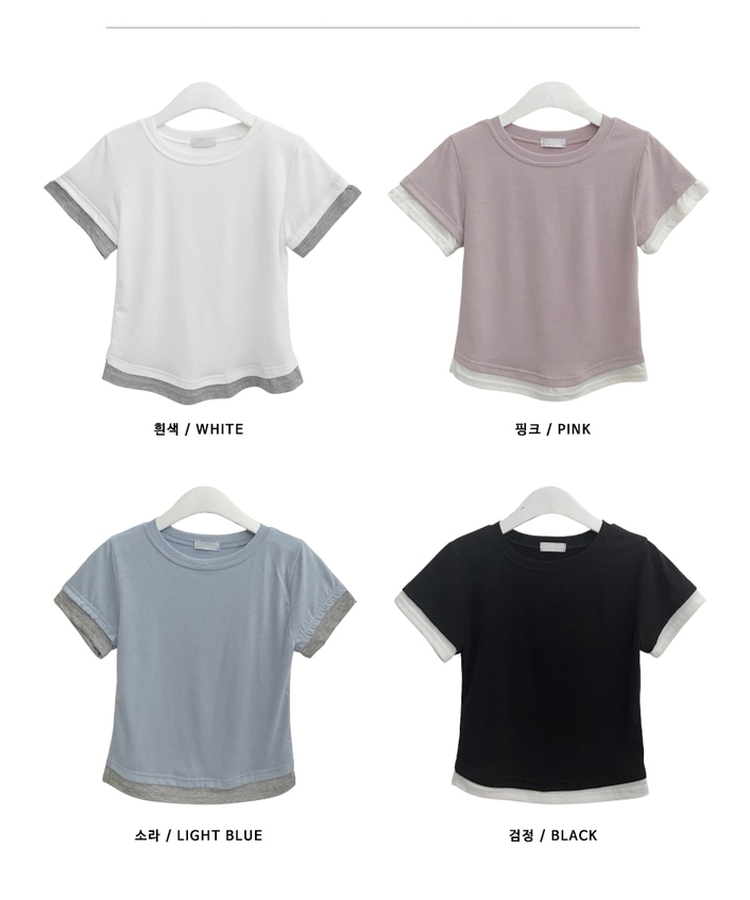 더블배색레이어드라운드세미크롭반팔티