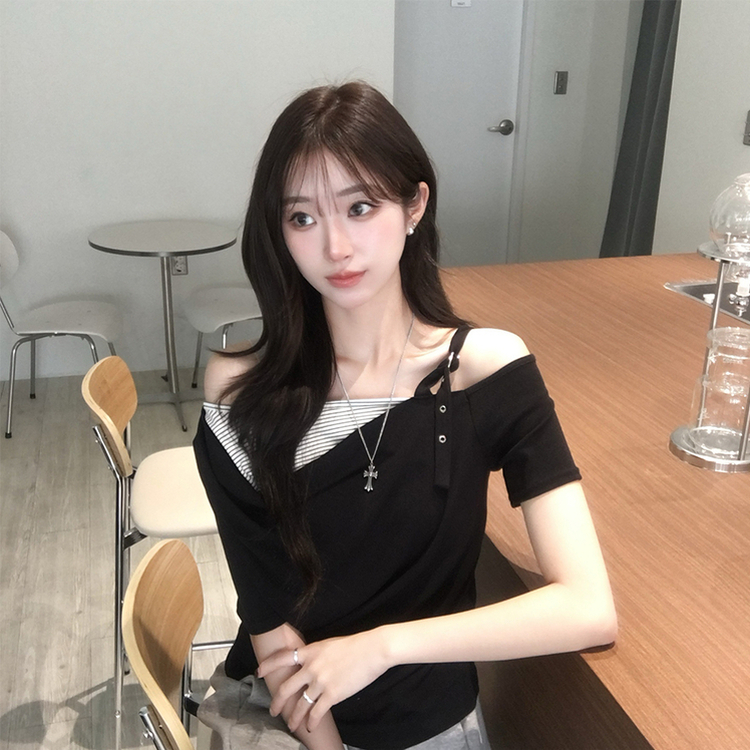 오레오 버튼 여름 오프숄더 한쪽 나시 옆셔링 반팔 티셔츠 스트라이프 이너 레이어드 반팔티 4color 블랙