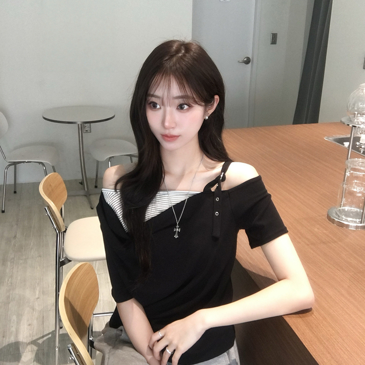 오레오 버튼 여름 오프숄더 한쪽 나시 옆셔링 반팔 티셔츠 스트라이프 이너 레이어드 반팔티 4color 블랙