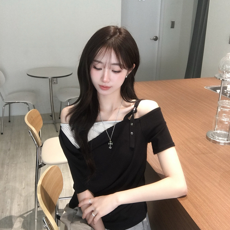 오레오 버튼 여름 오프숄더 한쪽 나시 옆셔링 반팔 티셔츠 스트라이프 이너 레이어드 반팔티 4color 블랙