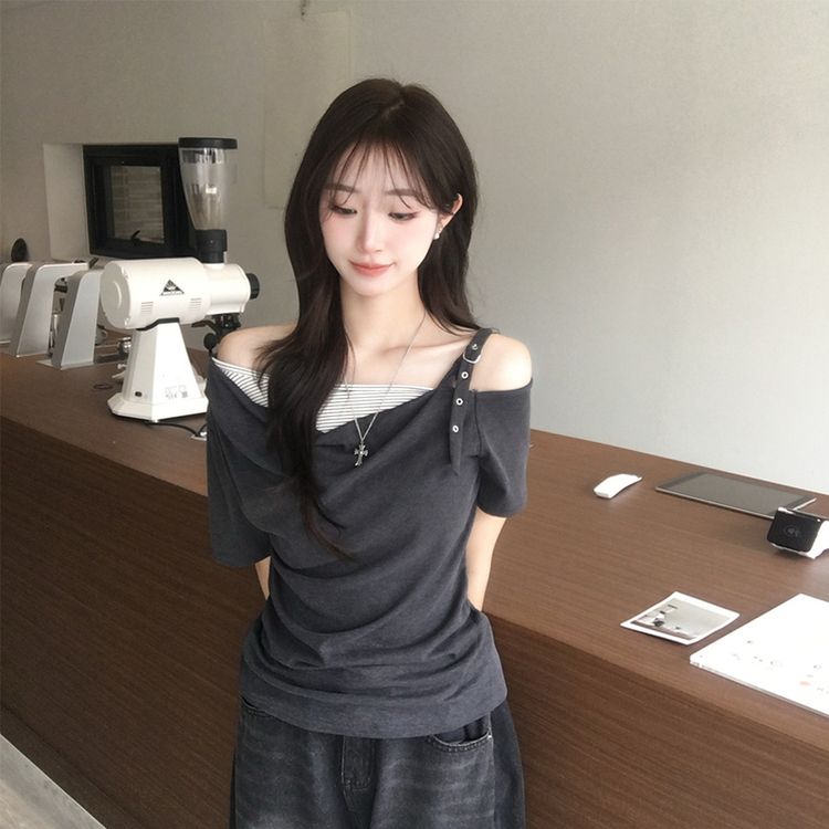 오레오 버튼 여름 오프숄더 한쪽 나시 옆셔링 반팔 티셔츠 스트라이프 이너 레이어드 반팔티 4color 차콜