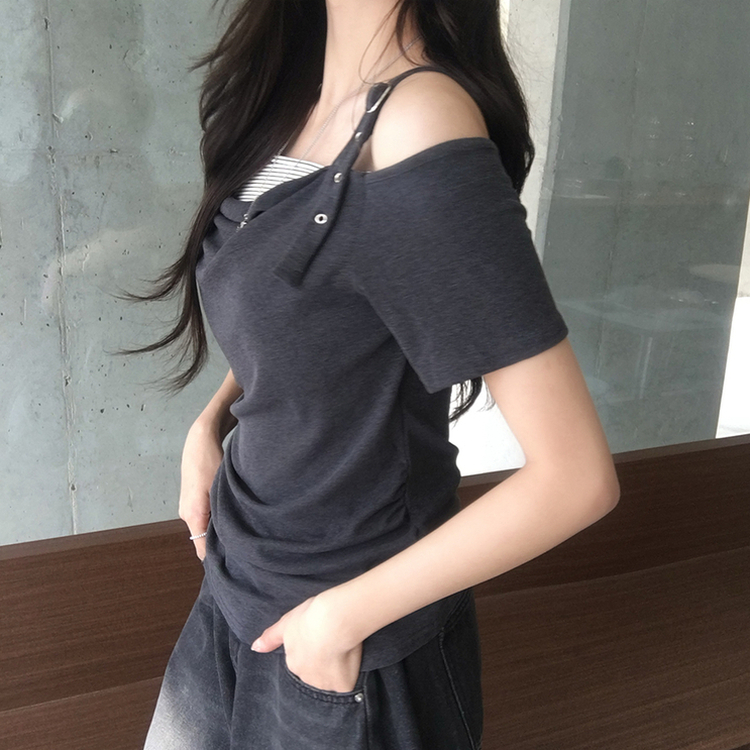 오레오 버튼 여름 오프숄더 한쪽 나시 옆셔링 반팔 티셔츠 스트라이프 이너 레이어드 반팔티 4color 차콜