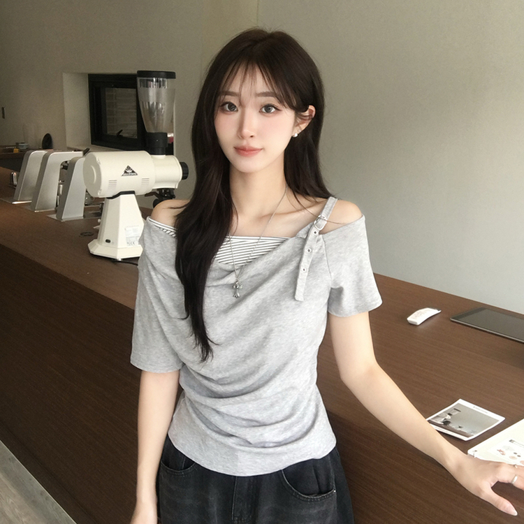 오레오 버튼 여름 오프숄더 한쪽 나시 옆셔링 반팔 티셔츠 스트라이프 이너 레이어드 반팔티 4color 그레이