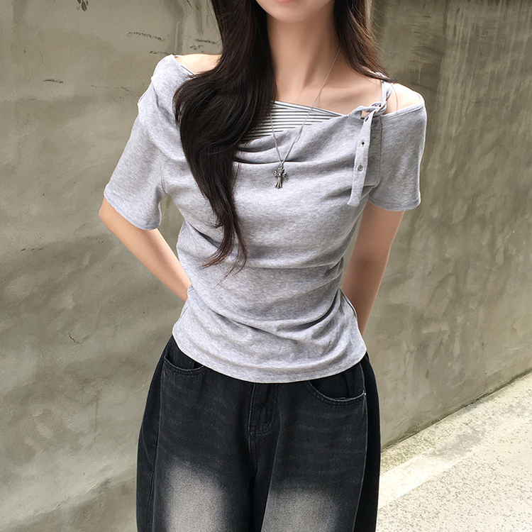 오레오 버튼 여름 오프숄더 한쪽 나시 옆셔링 반팔 티셔츠 스트라이프 이너 레이어드 반팔티 4color 그레이