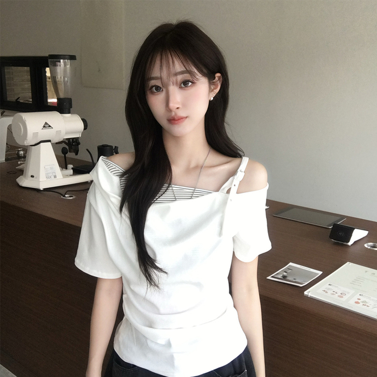 오레오 버튼 여름 오프숄더 한쪽 나시 옆셔링 반팔 티셔츠 스트라이프 이너 레이어드 반팔티 4color 화이트