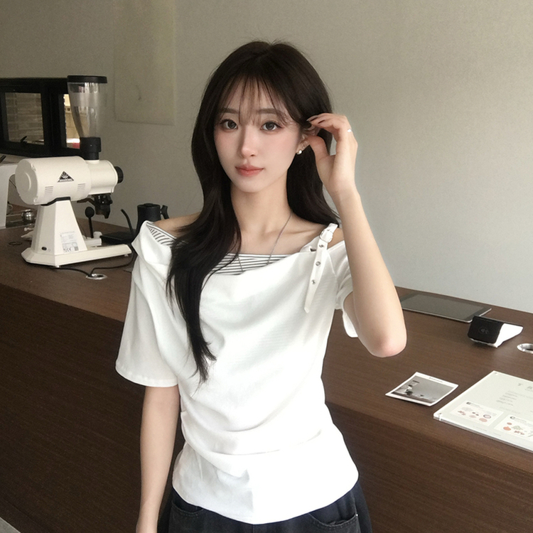 오레오 버튼 여름 오프숄더 한쪽 나시 옆셔링 반팔 티셔츠 스트라이프 이너 레이어드 반팔티 4color 화이트