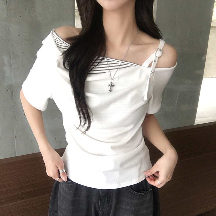 오레오 버튼 여름 오프숄더 한쪽 나시 옆셔링 반팔 티셔츠 스트라이프 이너 레이어드 반팔티 4color 화이트