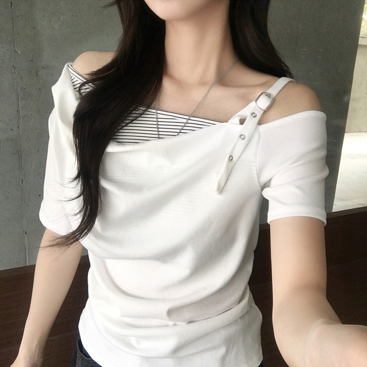 오레오 버튼 여름 오프숄더 한쪽 나시 옆셔링 반팔 티셔츠 스트라이프 이너 레이어드 반팔티 4color 화이트