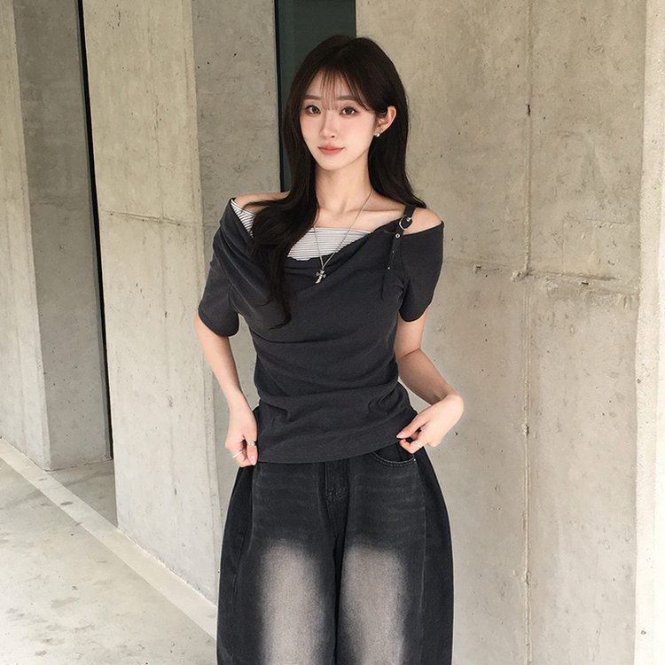오레오 버튼 여름 오프숄더 한쪽 나시 옆셔링 반팔 티셔츠 스트라이프 이너 레이어드 반팔티 4color 차콜