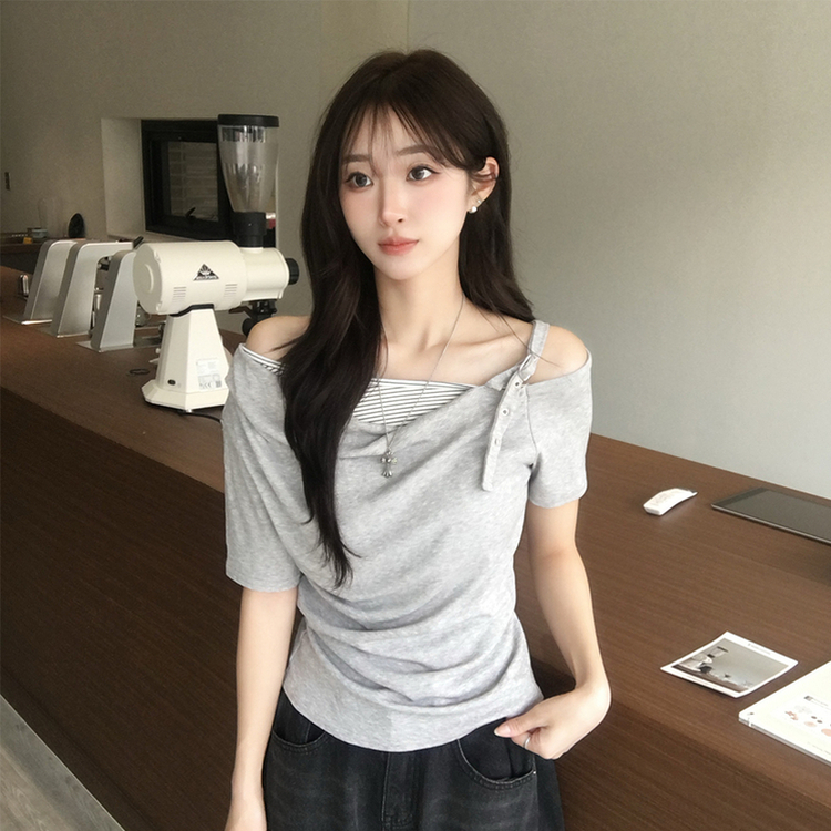 오레오 버튼 여름 오프숄더 한쪽 나시 옆셔링 반팔 티셔츠 스트라이프 이너 레이어드 반팔티 4color 그레이