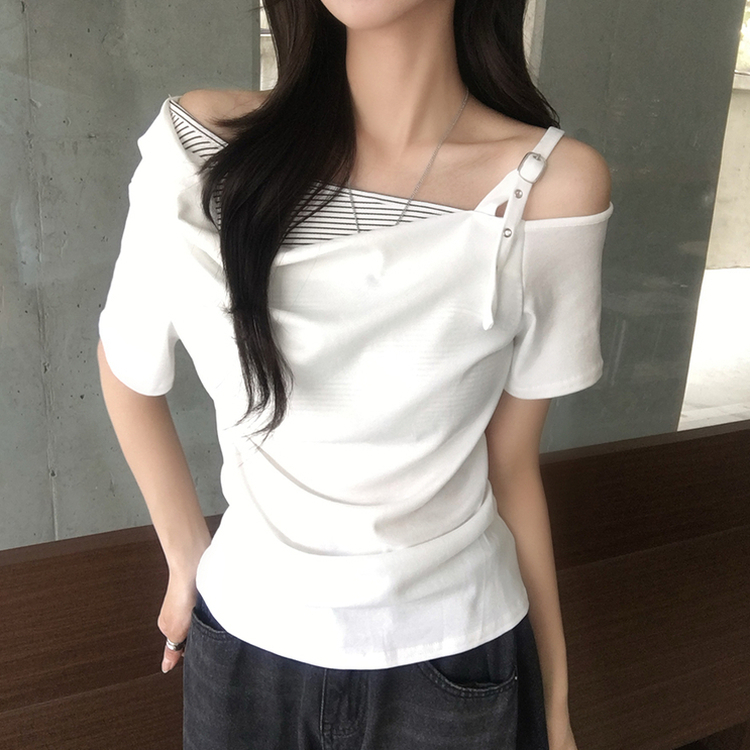 오레오 버튼 여름 오프숄더 한쪽 나시 옆셔링 반팔 티셔츠 스트라이프 이너 레이어드 반팔티 4color 화이트