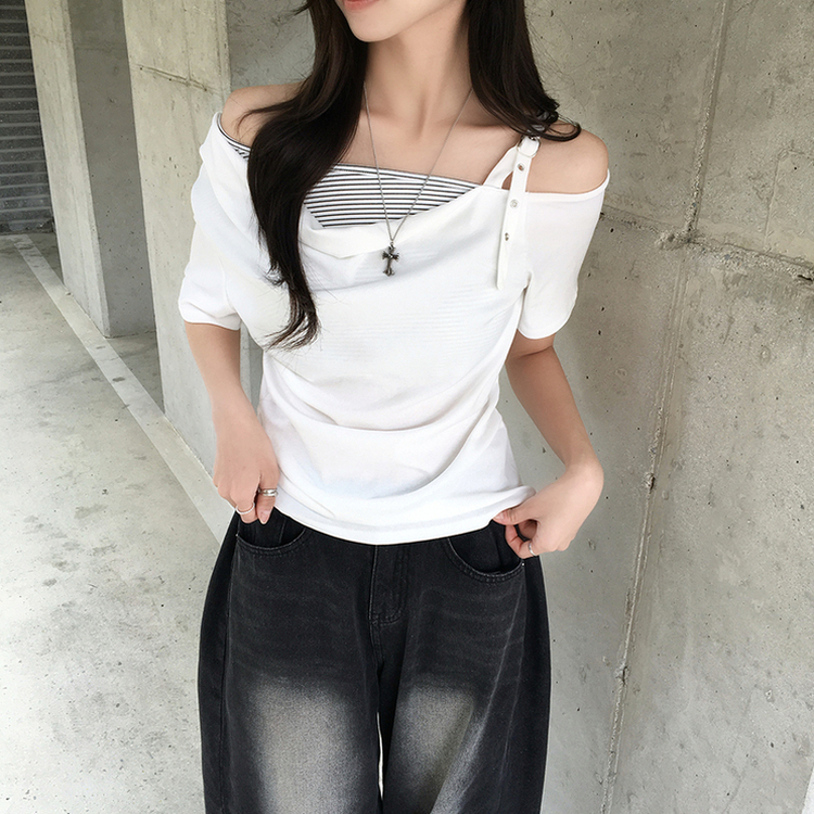 오레오 버튼 여름 오프숄더 한쪽 나시 옆셔링 반팔 티셔츠 스트라이프 이너 레이어드 반팔티 4color 화이트