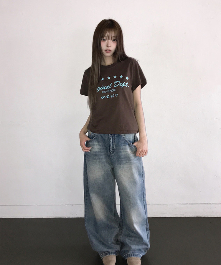 ビンテージレタリングプリント半袖Tシャツ BROWN