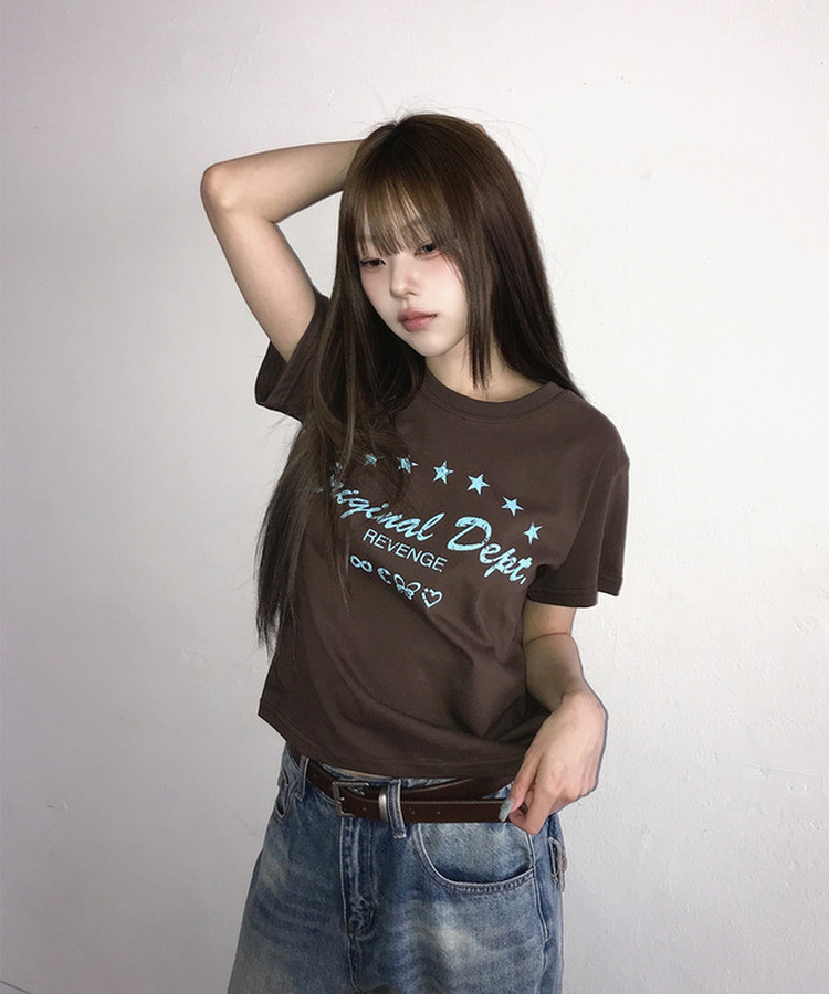 ビンテージレタリングプリント半袖Tシャツ BROWN