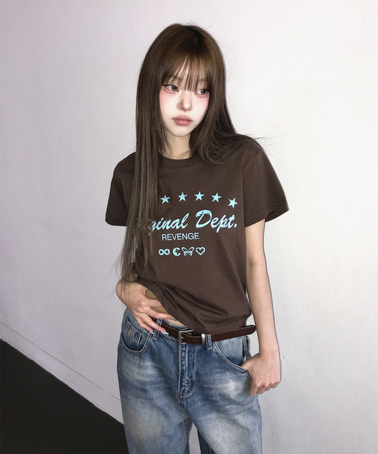 ビンテージレタリングプリント半袖Tシャツ BROWN