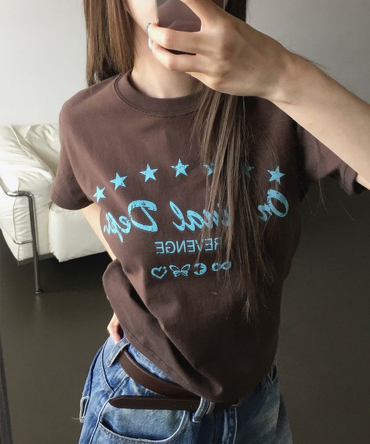 ビンテージレタリングプリント半袖Tシャツ BROWN