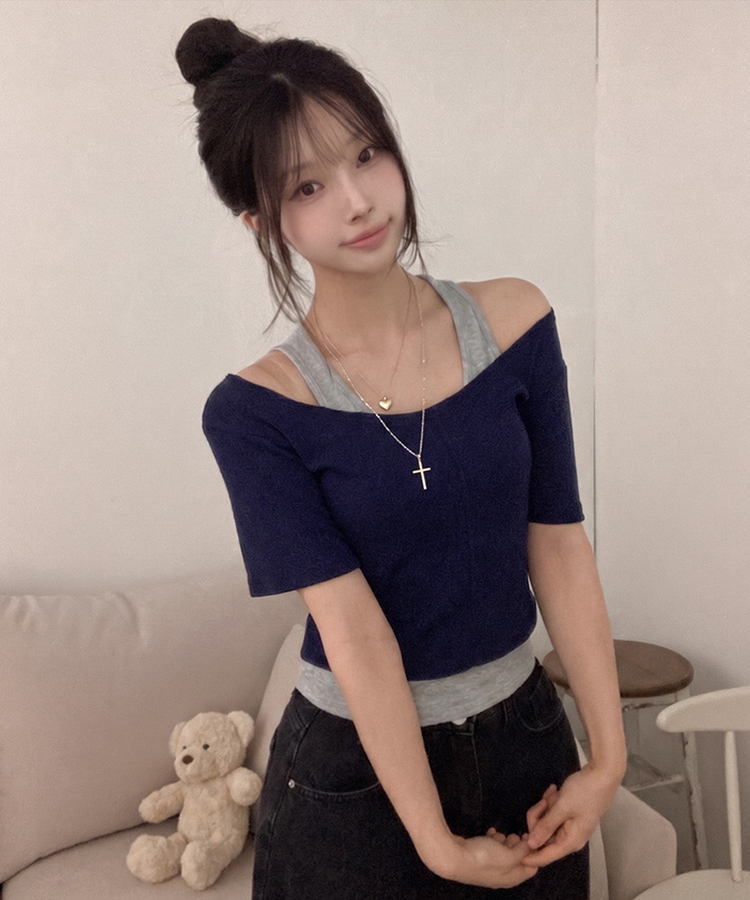 이즈 나시 일체형 골지 반팔 티셔츠 네이비
