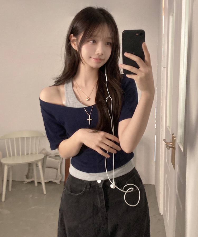 이즈 나시 일체형 골지 반팔 티셔츠 네이비